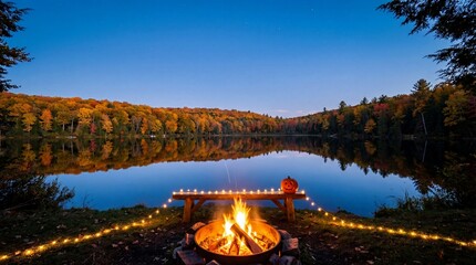 Cozy Autumn Campfire by a Serene Lake at Dusk with String Lights and Pumpkin Decorations for Fall Celebration