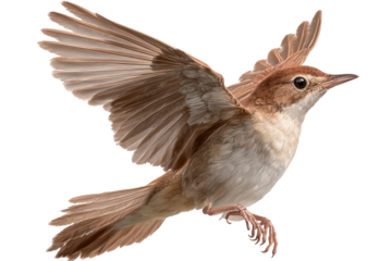 A brown bird soaring gracefully through the clear blue sky, isolated on transparent background