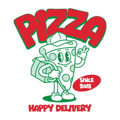 Fototapeta premium Vintage cartoon illustration of pizza vector t shirt design, vector graphic, typographic poster or tshirts street wear and Urban style