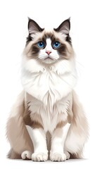Obraz premium A fluffy, digitally rendered cat with striking blue eyes and a white and brown coat sits in a frontal portrait against a pure white background