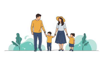 A happy family of four, mother, father, son, and daughter, holding hands and walking together