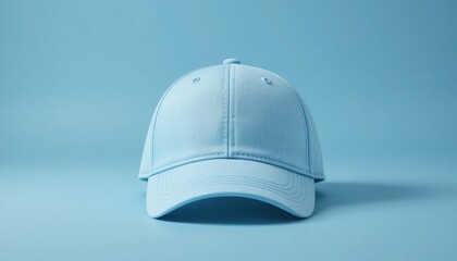 Single light blue baseball cap centered on blue background
