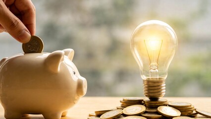 Hand placing coin in piggy bank near lit bulb