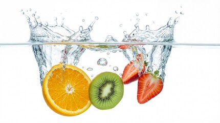 Fresh Orange Kiwi and Strawberry Slices Splashing into Water on White Background