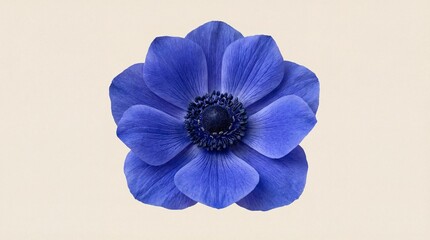 Vibrant Blue Anemone Flower Centered on a Neutral Beige Background, Fine Art Floral Photography