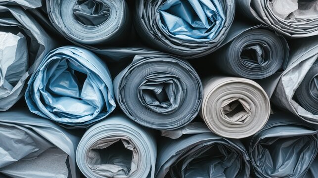 Multiple rolls of heavy duty blue and grey tarpaulin stacked for industrial supply