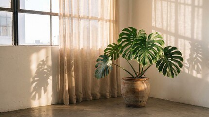 Large Monstera Deliciosa Houseplant in a Terracotta Pot with Sunlight Casting Shadows on a White Wall