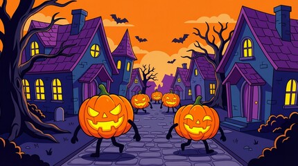Fun Halloween Illustration of Jack-o-Lantern Pumpkins Running Down a Haunted House Street