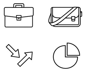 Line art business and data icons set featuring a briefcase, messenger bag, arrows, and a pie chart for office and data analysis