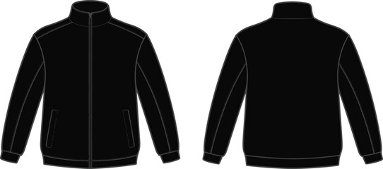 Black zip-up jacket technical sketch, vector illustration showing front and back views, isolated on white background for fashion design templates © Ponkaj Creatives
