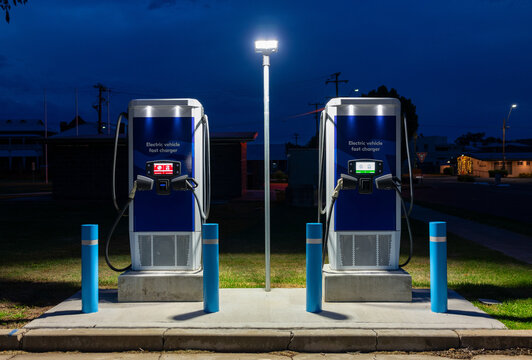 EV car chargers at night in Inverell, New South Wales