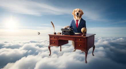 Golden retriever dog in business suit writing on vintage typewriter above fluffy white clouds under bright sunny sky