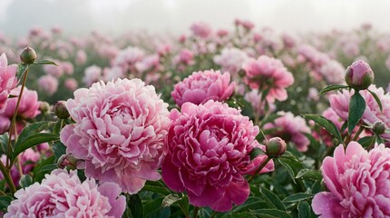 Field of Blooming Pink Peonies in Morning Mist, Soft Romantic Spring Floral Background