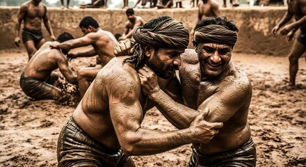 Muddy men wrestling in a traditional indian kushti or pehlwani match on a clay arena