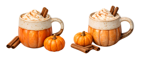Pumpkin Spice Latte in Rustic Pumpkin Mug with Cinnamon Sticks, Cozy Autumn Drink Isolated