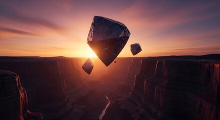 Rocks floating in mid air at sunset over a deep canyon with a vibrant orange sky