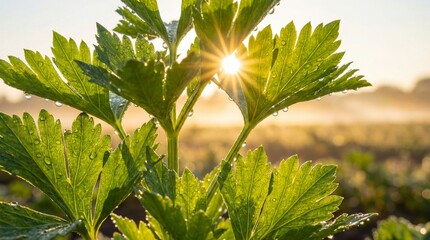 Golden Sunbeams Shining Through Fresh Dewy Green Leaves in a Garden