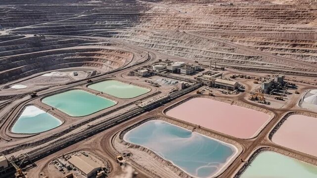 Aerial view of a vast open-pit mine with colorful tailings ponds.