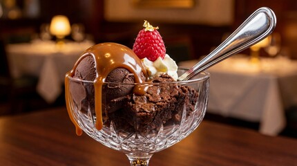 Luxury Chocolate Brownie Sundae with Caramel Drizzle and Raspberry Topped with Gold Leaf in a Crystal Glass