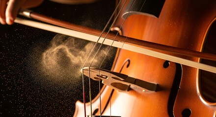 Close up of violin with bow creating dramatic dust effect on strings in dark background