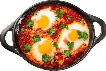 Skillet with Eggs and Tomato Sauce isolated on a transparent background