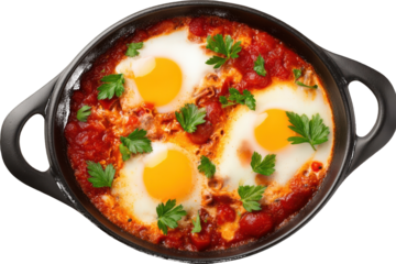 Skillet with Eggs and Tomato Sauce isolated on a transparent background