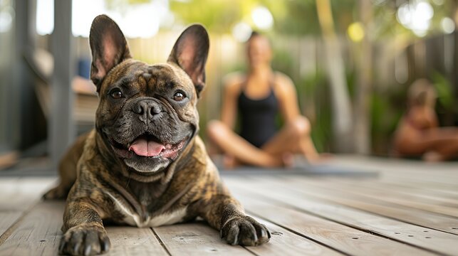French Bulldog Relaxing on Deck During Outdoor Yoga Session, pet-friendly wellness moment. Ideal for lifestyle content, pet brand campaigns, yoga studio promotions, or outdoor wellness visuals. - Powered by Adobe
