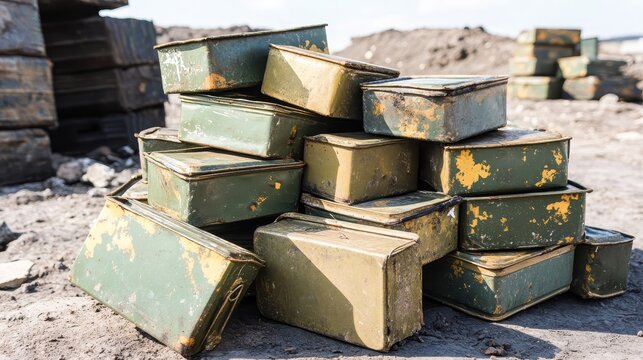 Pile of old military ration tins scattered in disarray outdoors with worn metal containers stacked on the ground