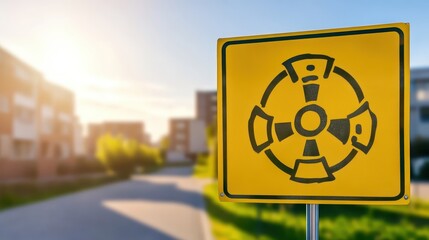 Yellow warning sign with a biohazard symbol displayed outdoors near a blurred cityscape under bright sunlight