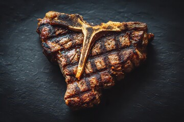 Seared T Bone Steak on Dark Slate Serving Board with Grill Marks Golden Crust and Dusted Spices for Rich Color Palate in Dim Lighting