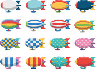 Collection of Colorful Cartoon Blimps and Zeppelins Vector Illustration Featuring Various Patterns and Designs Isolated on White Background for Art © Ponkaj Creatives