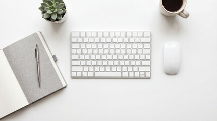 Flat lay of desk essentials: keyboard, mouse, notebook, pen and coffee