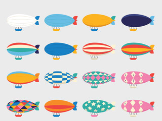 Collection of Colorful Vintage Blimps and Zeppelins Vector Illustration Featuring Various Patterns and Designs Isolated on Light Gray Background for Art © Ponkaj Creatives