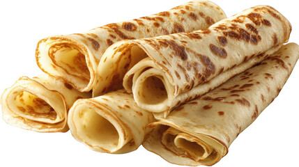Stacked Rolled Crepes or Pancakes with Golden Brown Spots isolated on a transparent background