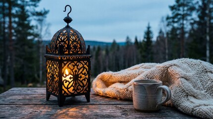 Cozy Outdoor Winter Evening with Glowing Lantern Hot Drink Mug and Warm Knitted Blanket on Wooden Table