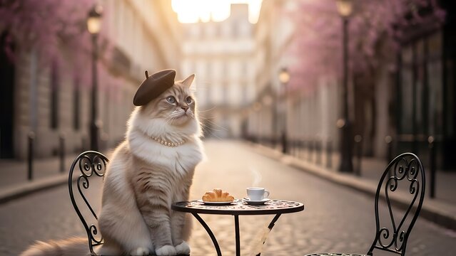 Cat in Beret and Pearls at Parisian Cafe Table with Coffee