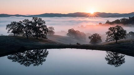 Serene Sunrise Landscape with Misty Hills and Trees Reflected in a Still Pond