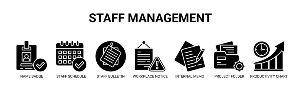 Staff Management web banner icon vector illustration concept with icons of name badge, staff schedule, staff bulletin, workplace notice, internal memo, project folder, productivity chart.
