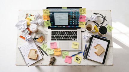 Overhead view of cluttered home office desk with laptop and sticky notes
