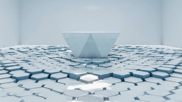 Abstract geometric shape in a minimalist white room with hexagonal tile floor.