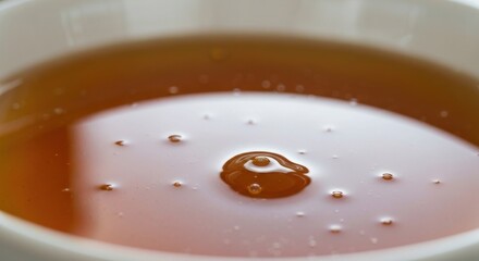 Close-up of a white bowl filled with amber-colored, viscous liquid, with air bubbles