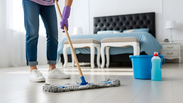 Person cleaning white laminate flooring with mop and bucket in bedroom | Professional house cleaner sanitizing apartment floor wearing purple gloves | Daily routine maintenance of bright modern home 