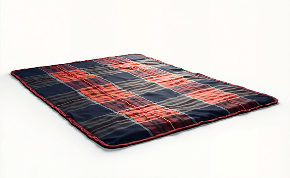 Plaid picnic blanket with navy, gray and red tartan pattern, isolated on white background