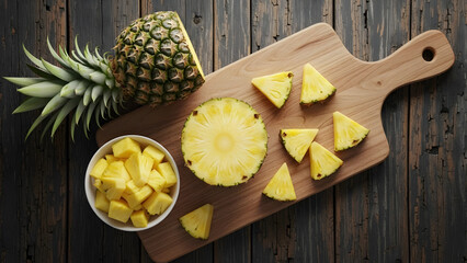 Fresh pineapple cut into slices and cubes on rustic dark wood background | Overhead view of ripe tropical fruit preparation on wooden cutting board | Bright yellow pineapple chunks and wedges