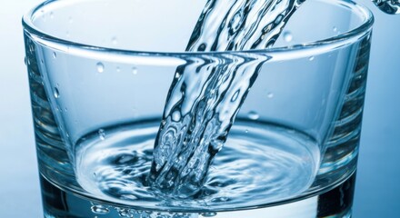 Close-up of clear water pouring into a transparent glass against a blue gradient