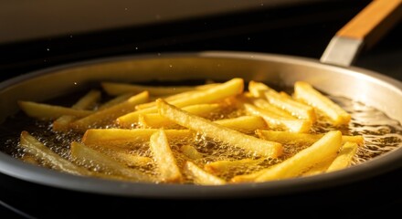 Close-up of golden french fries sizzling in hot oil within a silver frying pan