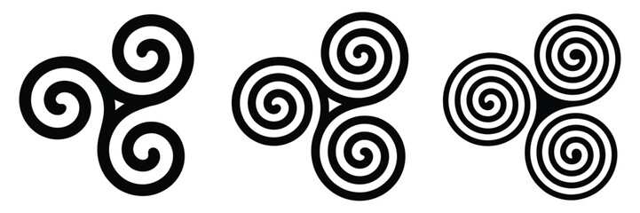 Celtic triple spiral symbols featuring triskelion motifs with multiple turns balanced rotation and traditional heritage meaning