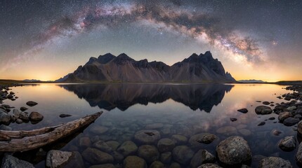 Panoramic View of the Milky Way Arching over Majestic Mountains and a Still Lake at Twilight