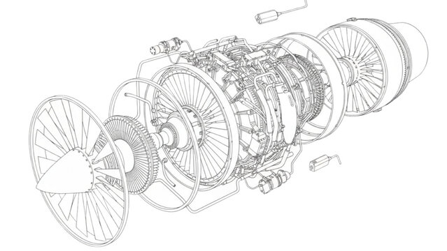 Turbine Engine Line Art Exploded View Showing Internal Components Isolated on Transparent Background