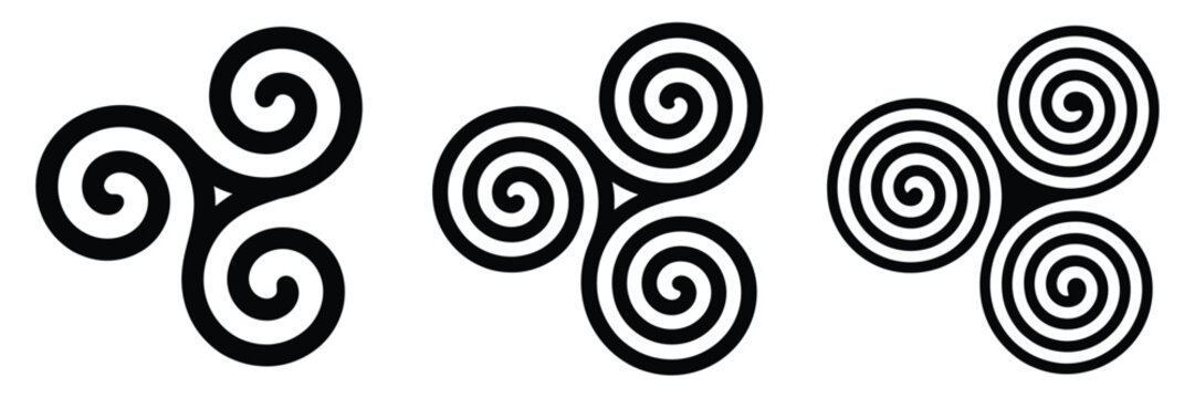 Celtic triple spiral symbols featuring triskelion motifs with multiple turns balanced rotation and traditional heritage meaning